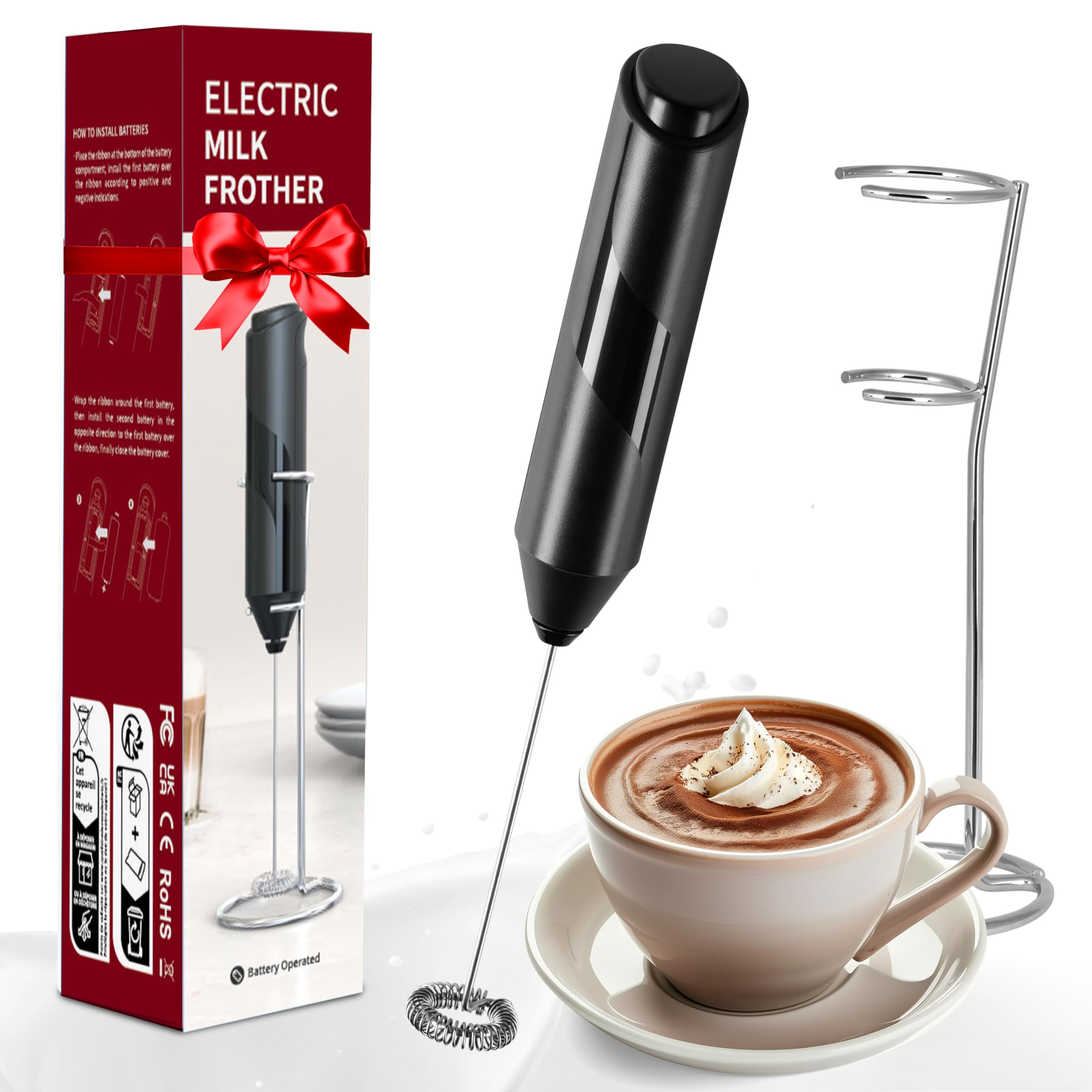 Simple Deluxe Milk Frother Handheld, Foam Maker with Stainless Steel Stand, Battery-Operated Whisk for Coffee, Latte, Hot Chocolate, Black