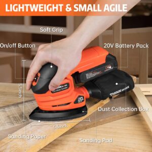 THINKWORK Cordless Detail Sander - 20V Electric Sander Tool with 21Pcs Sandpapers, 12000 OPM Power Sander with Dust Collection, Battery, Charger, Bag, Compact Hand Sanders for Woodworking,Sanding