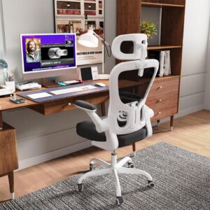 Ergonomic Office Chair, High Back Home Desk Chair with Adjustable Lumbar Support and Headrest, Breathable Mesh Swivel Task Chair, White Executive Computer Chair, Black and White