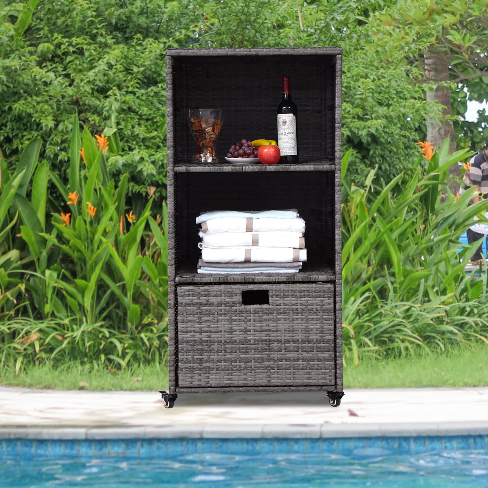 Kinpaw Outdoor Towel Cabinet with Drawer - Waterproof Storage Cabinet Organizer, Freestanding PE Rattan Wicker Shelf for Pool, Patio, Hot Tub Spa, Indoor, Smoke Grey