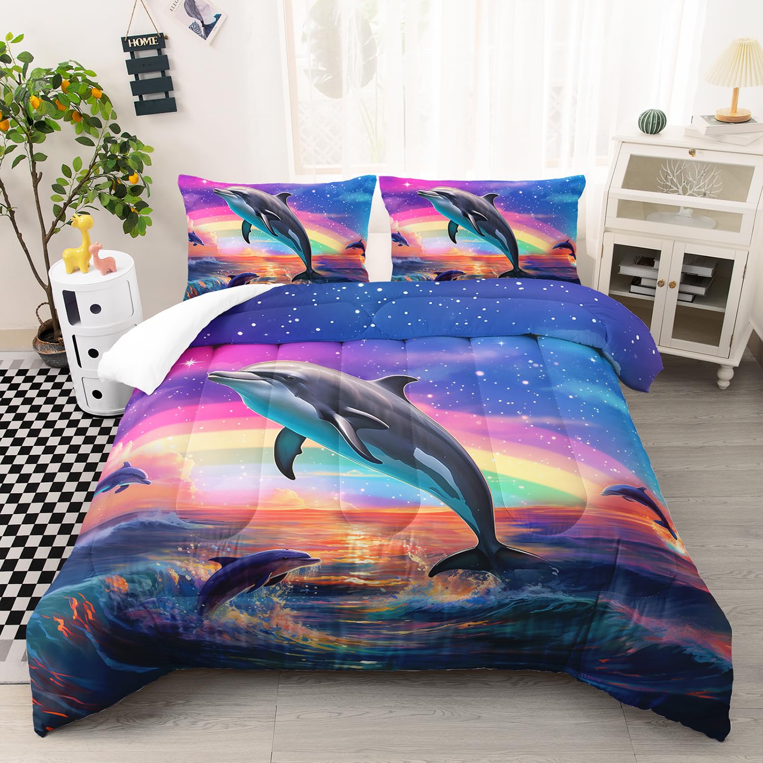 AILONEN Jumping Dolphin Comforter Set Full Size, Cartoon Dolphin Bed in a Bag for Kids Girls,Saltwater Bedding Set,Rainbow Starry Night Duvet Set,3 PCS,1 Quilt and 2 Pillowcases