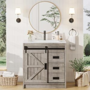 amerlife farmhouse bathroom vanity with sink combo, 31in sliding barn door bathroom vanity cabinet set with storage drawers, metal handles, small single bath storage vanity sink, light grey