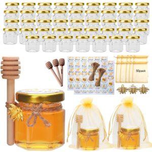 xing-ruiyang 1.5 oz glass honey jar- small hexagonal honey jars with wooden dipper gold lid bee charms gold gift bags and rope for baby shower wedding party favors (50 pack)