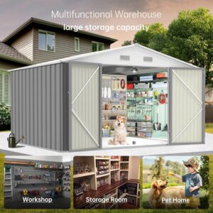 Zstar 8x8 FT Metal Outdoor Storage Shed, Steel Utility Tool Shed Storage House with Lockable Door Design, Garden Tool Sheds for Backyard Patio Lawn