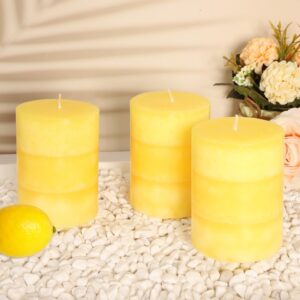 FLAVCHARM Pillar Candles 3x4 Inch Lemon Yellow Hand-Poured Candles Fragrance Long Clean Burning Non-Toxic Smokeless Summer Candles for Home Scented Bathroom Rustic Table Decor