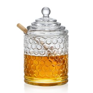 kanpura clear crystal honey pot with dipper and lid,glass honey jar with dispenser, glass honey and syrup container for home kitchen