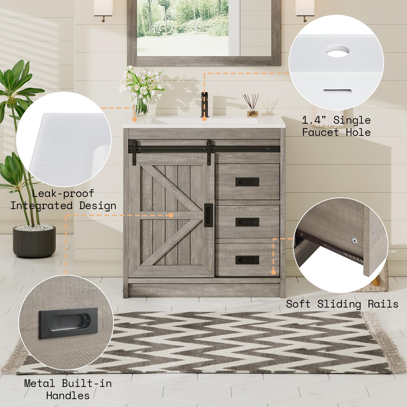 AMERLIFE Farmhouse Bathroom Vanity with Sink Combo, 31in Sliding Barn Door Bathroom Vanity Cabinet Set with Storage Drawers, Metal Handles, Small Single Bath Storage Vanity Sink, Light Grey