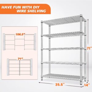 REIBII 5 Tier Wire Shelving,Storage Shelves Metal Shelves for Storage Loads 1200LBS,Adjustable Garage Shelving Heavy Duty Metal Shelving Storage Rack for Pantry Kitchen,71''HX35.5''WX14''D,Chrome