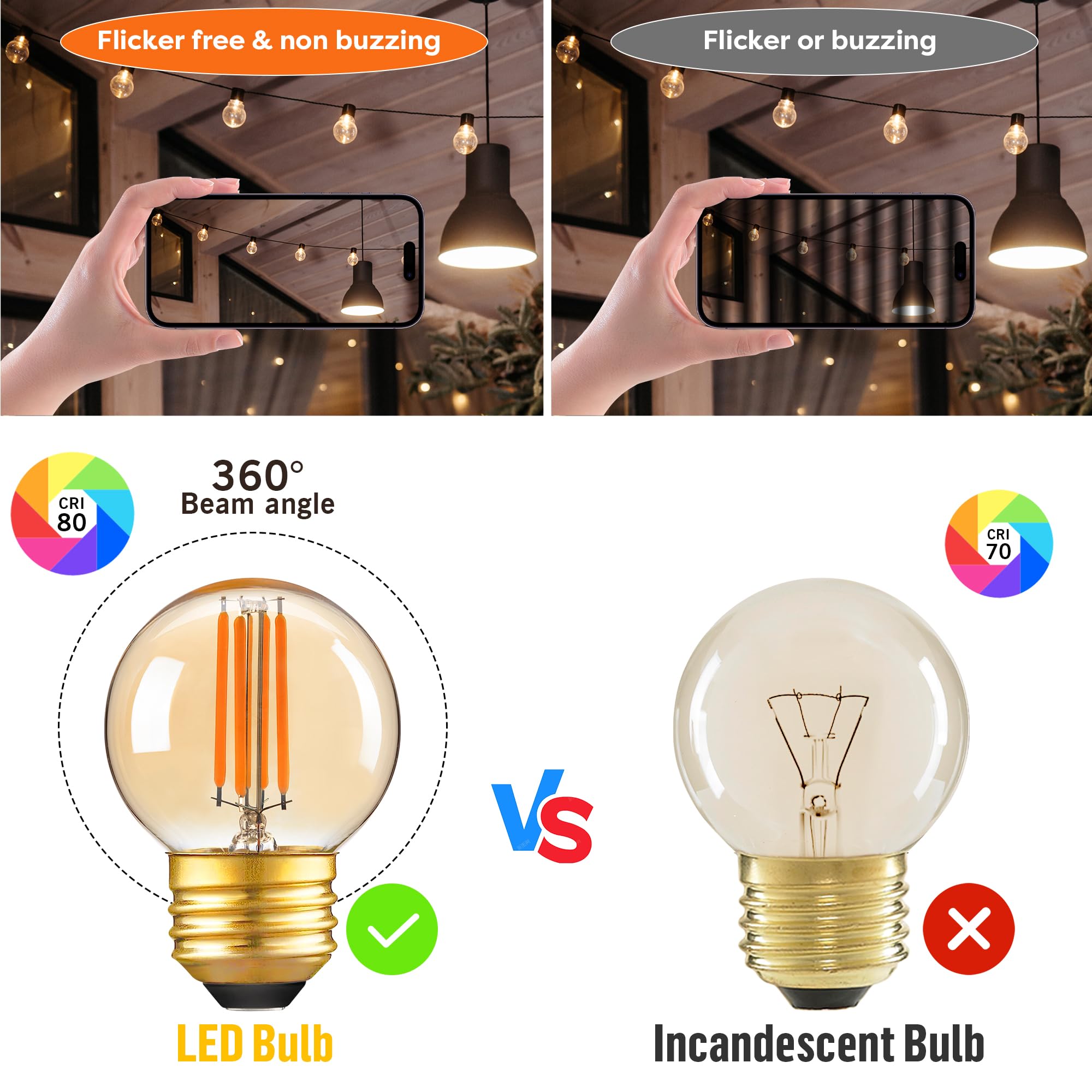 Dimmable Amber Light Bulb E26 Edison LED Light Bulb,G16.5/G50 Small Globe Filament Amber Night Light Bulb 4W,AC120V Warm White 2200K 350LM,Decorative Bulbs (Straight Filament 4W E26, 2 Pack)