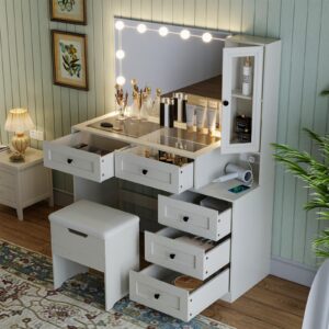 diwnnue farmhouse mirror large vanity desk with led bulbs, makeup vanity table set with glass tabletop, charging station & power outlet, adjustable lighting modes, bedroom, white