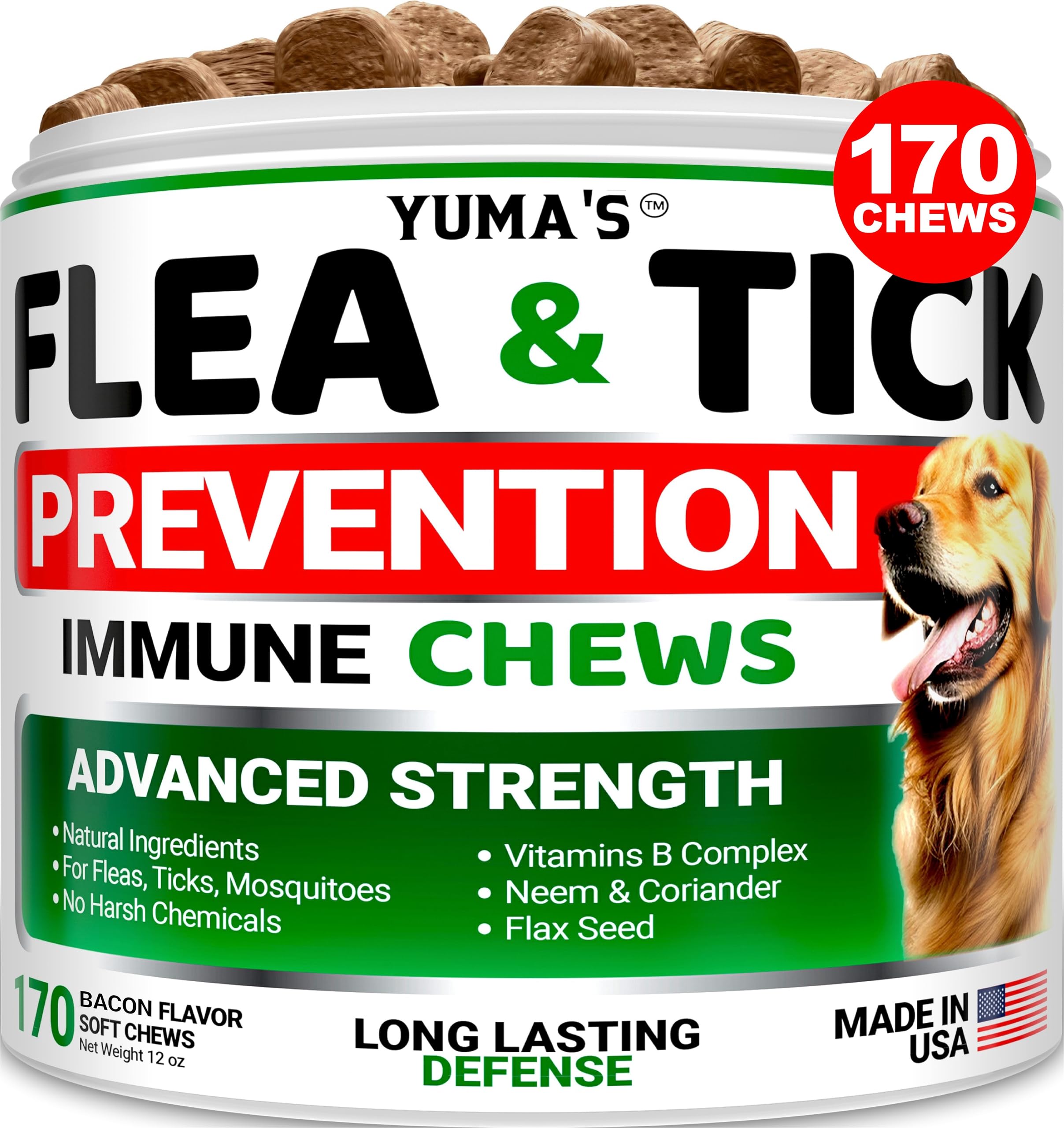 Flea and Tick Prevention for Dogs Chewables - 170 Chews - Natural Dog Flea and Tick Treatment Chewable - Flea and Tick Chews for Dogs - Soft Oral Flea Pills for Dogs - All Breeds & Ages - Bacon Flavor