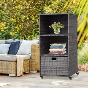 kinpaw outdoor towel cabinet with drawer - waterproof storage cabinet organizer, freestanding pe rattan wicker shelf for pool, patio, hot tub spa, indoor, smoke grey