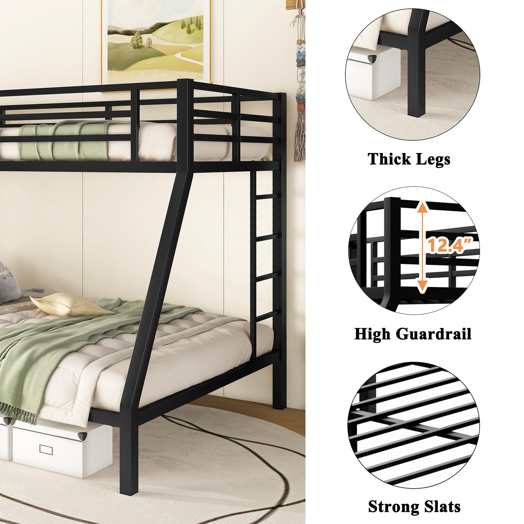 Bellemave Twin XL Over Queen Metal Bunk Bed for Kids,Heavy-Duty Bunk Bed with 2 Ladders,Space-Saving Bunk Bed for Teens/Adults,Noise-Free,Black