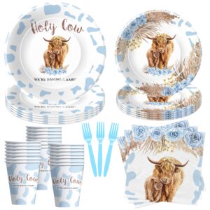 apowbls highland cow baby shower decorations tableware - holy cow baby boy party supplies, paper plate, cup, napkin, disposable fork, blue boho highland cow baby shower table decorations | serve 24