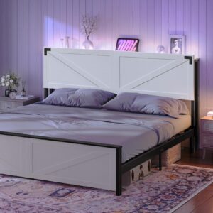 MAHANCRIS King Size Headboard Only, Headboard with 2 Outlets and 4 USB Ports, Farmhouse Headboard, with LED Lights, Secure Storage with Raised Fence, with Bed Frame Adapter, White and Black