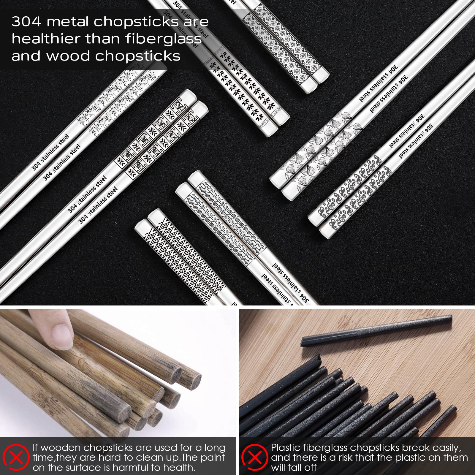 8 Pairs Metal Chopsticks Reusable 18/8 Stainless Steel Chopsticks Set Cute Laser Engraved Non-slip Japanese Korean Chinese Chopstick for Cooking Eating Dishwasher Safe 9.25" Chop Sticks Gift Set