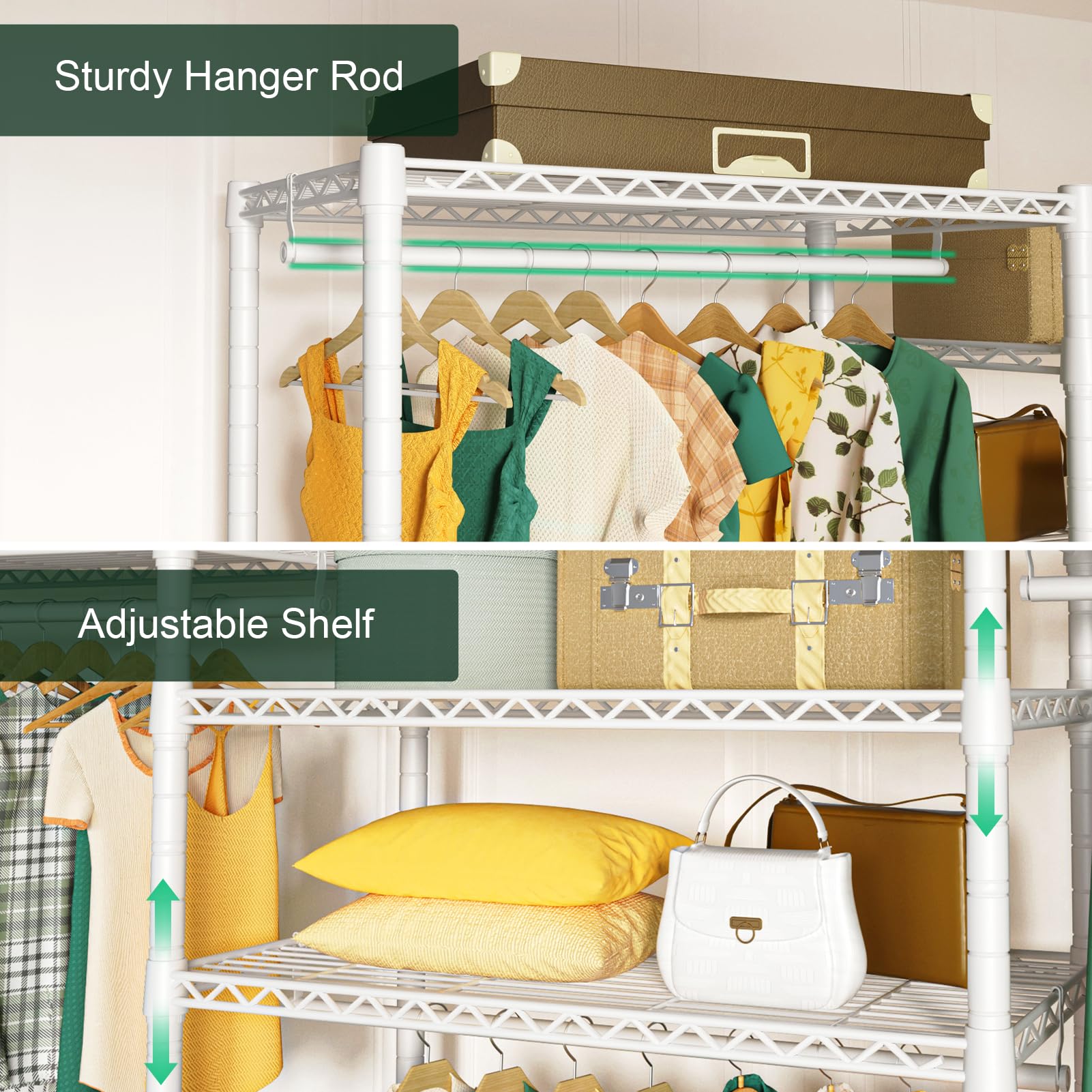 Ulif E8 Heavy-Duty Garment Rack, Freestanding Extra Large Clothes Rack with 7 Wire Shelves and 4 Hanger Rods, Closet Organizers and Storage, 86.6" W x 14.5" D x 71.2" H, Max Load 880 LBS, White