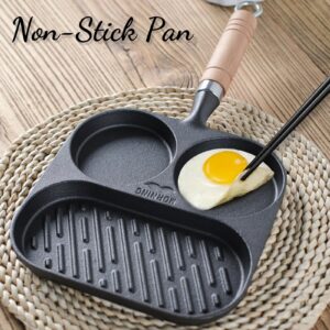 Egg Pan Omelette Pan, 3 Section Square Divided Breakfast Grill Pan with Solid Wood Handle，Nonstick Egg Frying Pan for Stove Tops, Kitchen Cooking Tool for Indoor Cooking & Outdoor Grilling (Black)