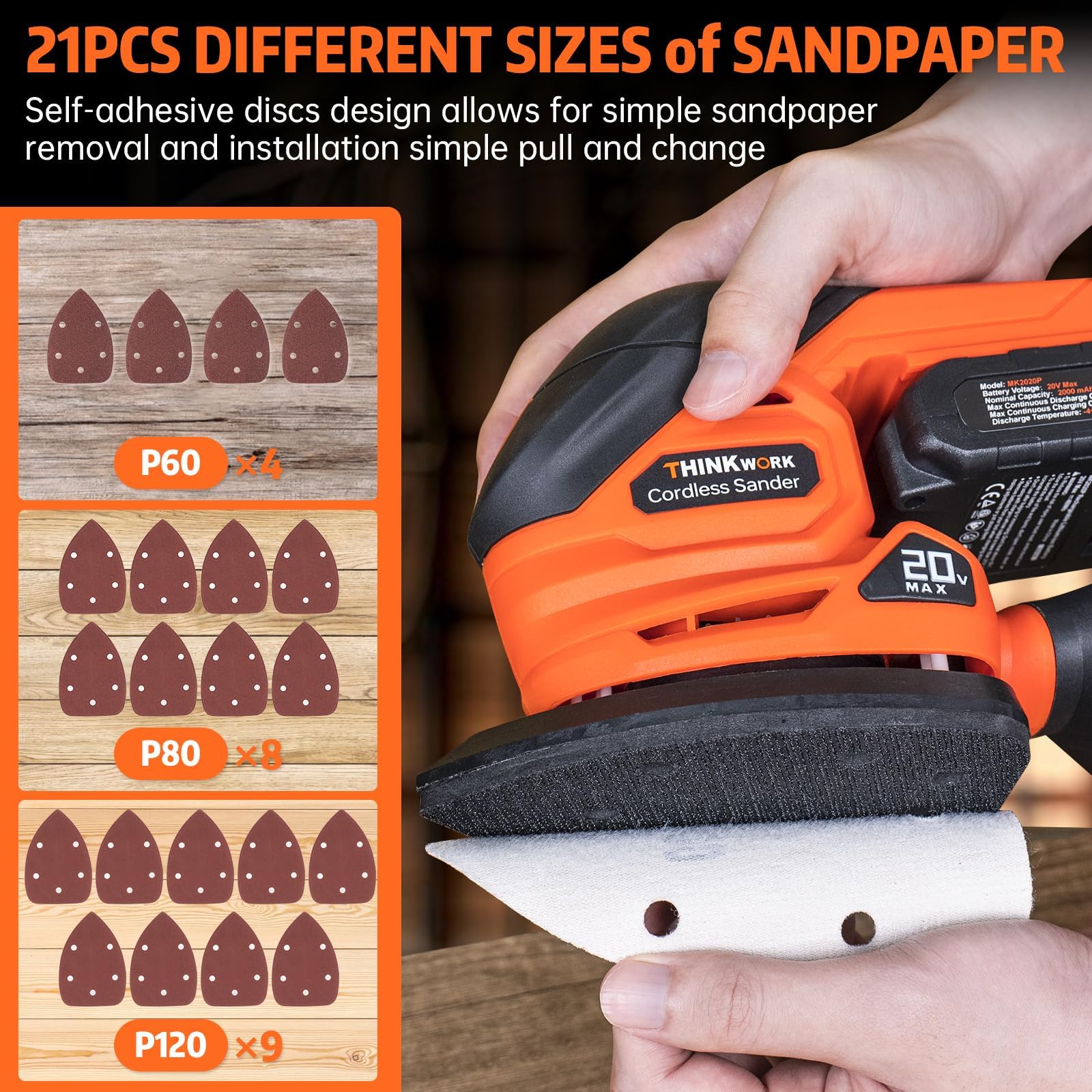 THINKWORK Cordless Detail Sander - 20V Electric Sander Tool with 21Pcs Sandpapers, 12000 OPM Power Sander with Dust Collection, Battery, Charger, Bag, Compact Hand Sanders for Woodworking,Sanding