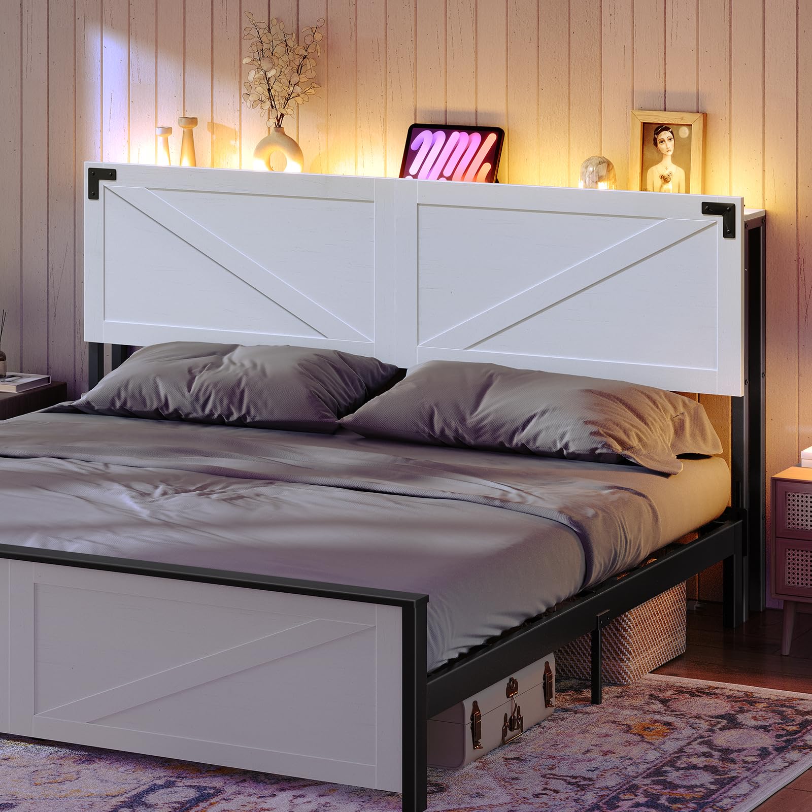 MAHANCRIS King Size Headboard Only, Headboard with 2 Outlets and 4 USB Ports, Farmhouse Headboard, with LED Lights, Secure Storage with Raised Fence, with Bed Frame Adapter, White and Black