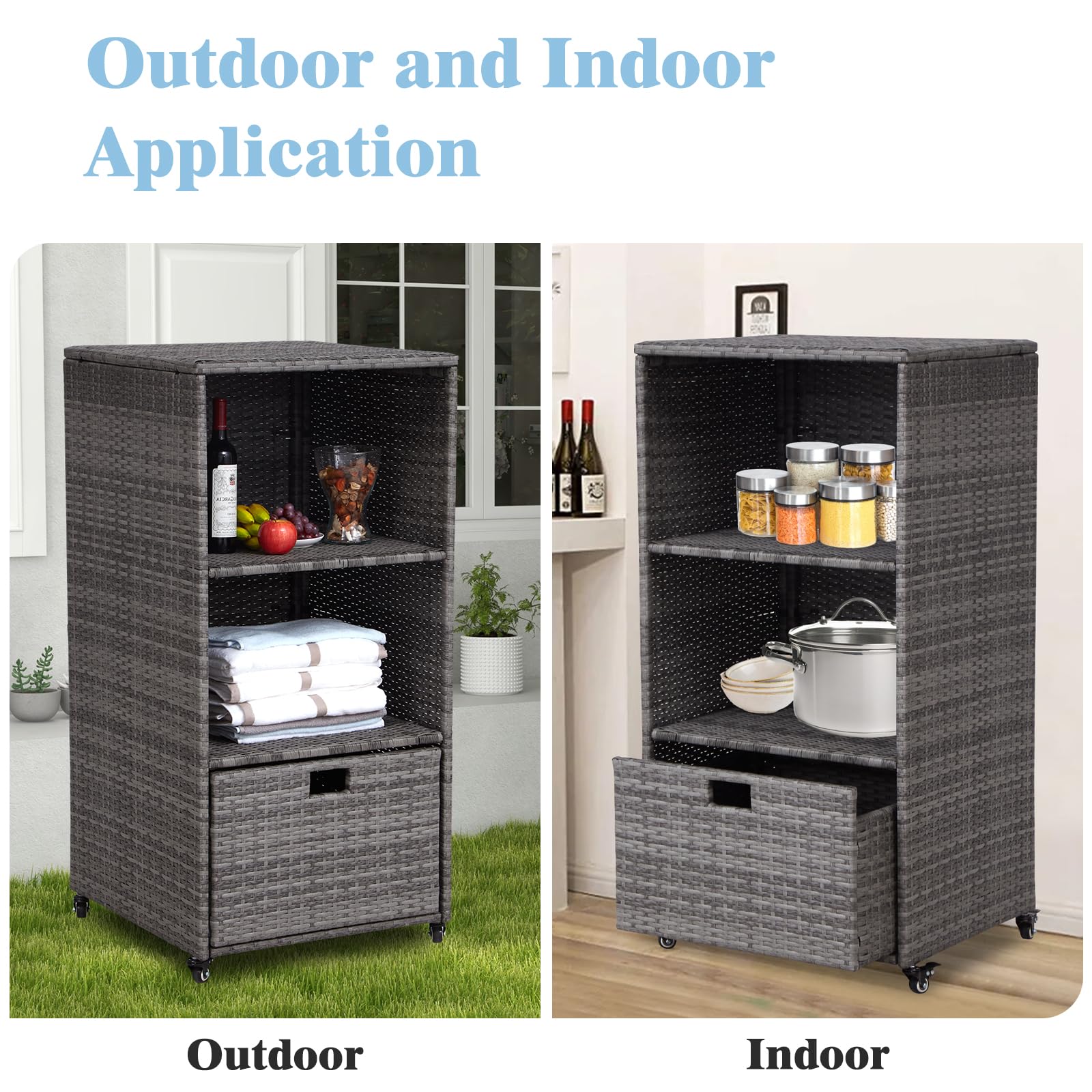 Kinpaw Outdoor Towel Cabinet with Drawer - Waterproof Storage Cabinet Organizer, Freestanding PE Rattan Wicker Shelf for Pool, Patio, Hot Tub Spa, Indoor, Smoke Grey