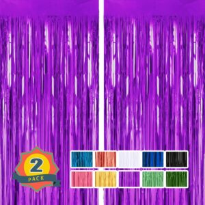 2 pack 3.3 ft x 9.9 ft purple tinsel curtain party backdrop decorations, metallic foil fringe backdrop door for bachelorette party decorations,purple streamers,purple birthday backdrop