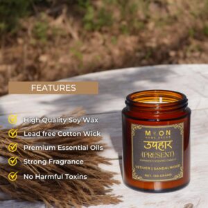 Luxury Aromatherapy Candle | Vetiver and Sandalwood | Natural Soy | Unique Essential Oils | Pure Cotton Wick | Best for Gift, Travel, Home & Bath, Wellness | 130 Grams | Present