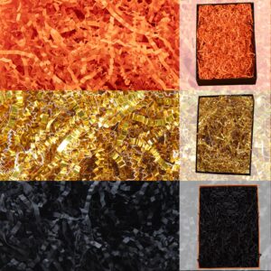 gloreyan 3 colors halloween crinkle cut paper shred, black orange gold raffia paper sherd filler grass for gift wrapping basket filling birthdays weddings party supply(10.6 oz)