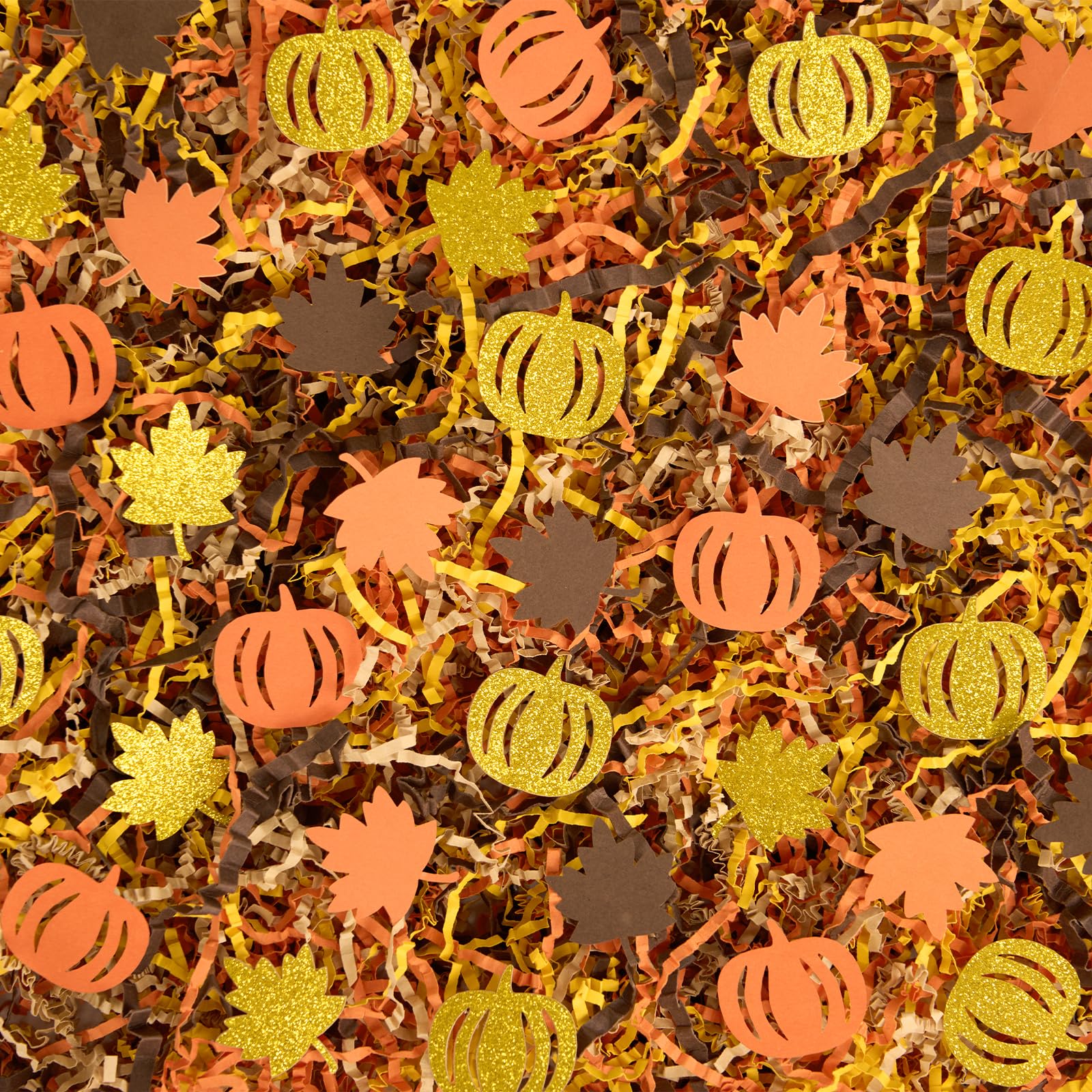 PAPER FAIR 1 LB Harvest Crinkle Cut Paper Shred Filler w/Pumpkin Leaf Confetti, Chocolate Brown/Orange/Yellow Fall Leaves Raffia Tissue Craft Bedding Cushion for Thanksgiving