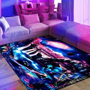 eiskbc blacklight galaxy area rug, neon uv reactive space planet throw rug, non-slip waterfall mushroom mountain wave landscape floor mat carpet, fluorescent fantasy decor for home bed room 70x47inch