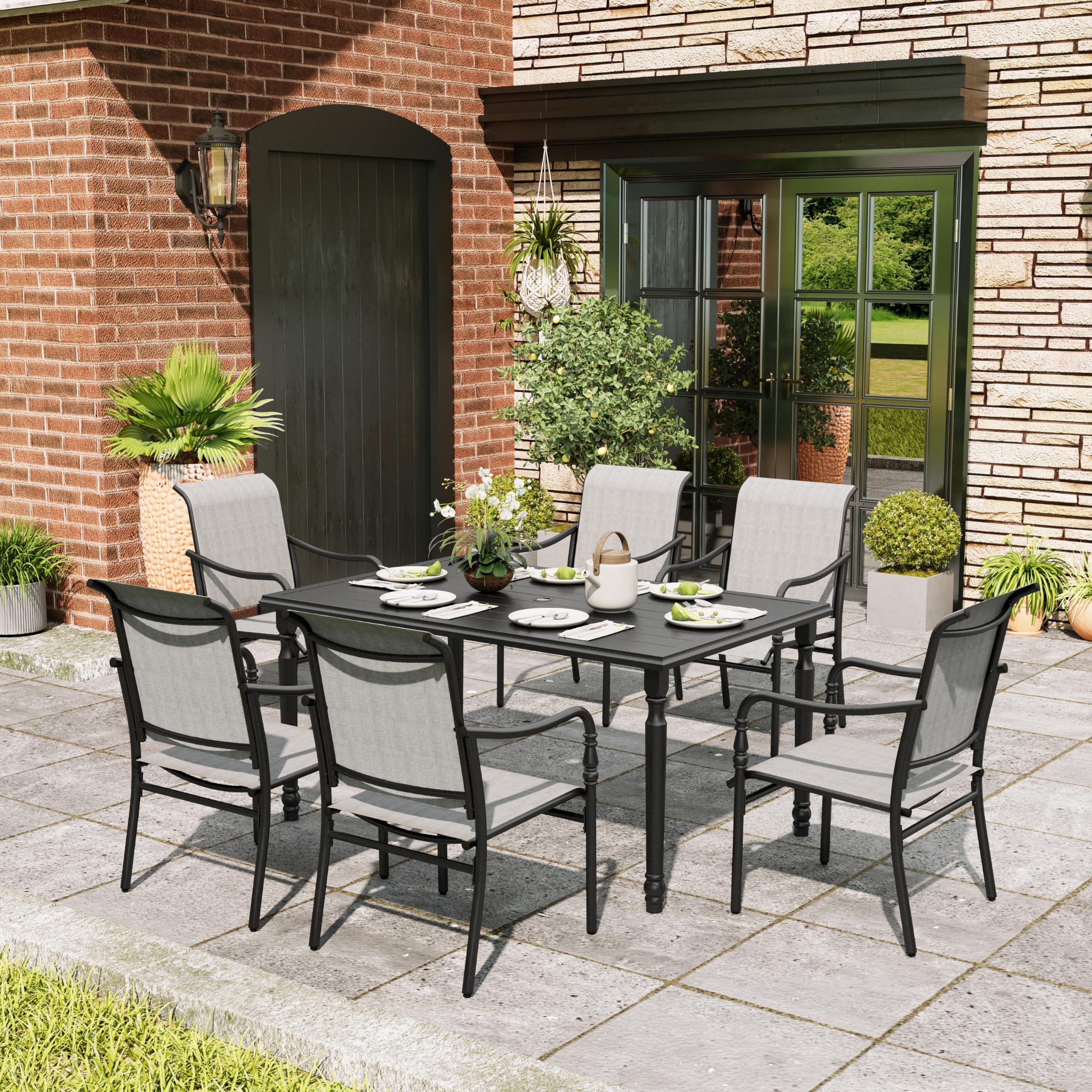 MIXPATIO 7 Pieces Patio Dining Set, Patio Dining Set for 6, 6 x Textilene Dining Chairs, 60" Rectangular Outdoor Dining Table with 1.77" Umbrella Hole, for Lawn Garden Backyard Deck, Grey