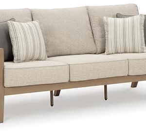 Signature Deisgn by Ashley Hallow Creek Outdoor Sofa with Cushion, 76" W x 36" D x 37" H, Light Brown & Beige