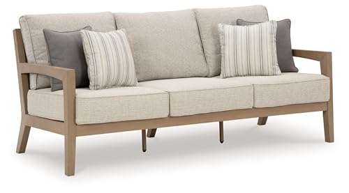 Signature Deisgn by Ashley Hallow Creek Outdoor Sofa with Cushion, 76" W x 36" D x 37" H, Light Brown & Beige