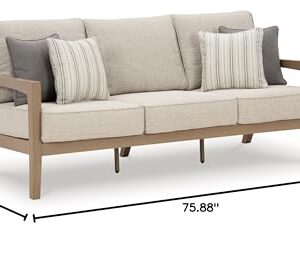 Signature Deisgn by Ashley Hallow Creek Outdoor Sofa with Cushion, 76" W x 36" D x 37" H, Light Brown & Beige