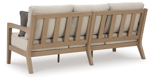 Signature Deisgn by Ashley Hallow Creek Outdoor Sofa with Cushion, 76" W x 36" D x 37" H, Light Brown & Beige