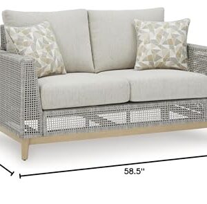 Signature Deisgn by Ashley Seton Creek Outdoor Loveseat with Cushion, 59" W x 37" D x 36" H, Light Brown & Light Gray