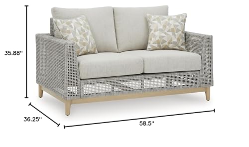 Signature Deisgn by Ashley Seton Creek Outdoor Loveseat with Cushion, 59" W x 37" D x 36" H, Light Brown & Light Gray