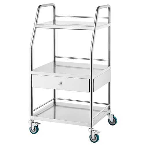 VEVOR Lab Serving Cart, 3 Layers Stainless Steel Utility Rolling Cart, Medical Cart with A Drawer, Dental Utility Cart with Lockable Wheels, for Laboratory, Hospital, Dental Use