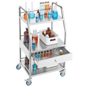 VEVOR Lab Serving Cart, 3 Layers Stainless Steel Utility Rolling Cart, Medical Cart with A Drawer, Dental Utility Cart with Lockable Wheels, for Laboratory, Hospital, Dental Use