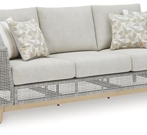 Signature Deisgn by Ashley Seton Creek Outdoor Sofa with Cushion, 83" W x 36" D x 36" H, Light Brown & Light Gray