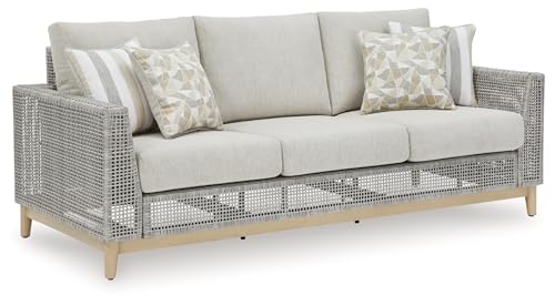 Signature Deisgn by Ashley Seton Creek Outdoor Sofa with Cushion, 83" W x 36" D x 36" H, Light Brown & Light Gray