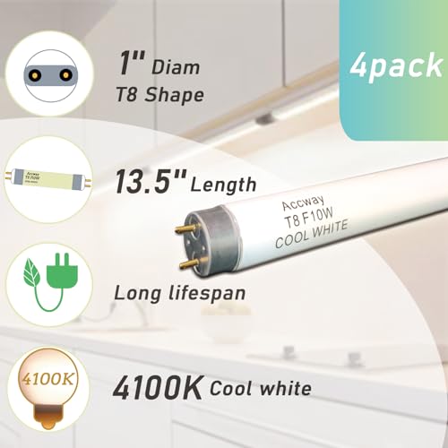 Accway (4 Pack) F10T8/CW 4100K Linear Fluorescent Light Bulb,T8 Type Straight Tube 10Watts Cool White, G13 Medium Based, 13.5 inch MOL