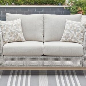 Signature Deisgn by Ashley Seton Creek Outdoor Loveseat with Cushion, 59" W x 37" D x 36" H, Light Brown & Light Gray