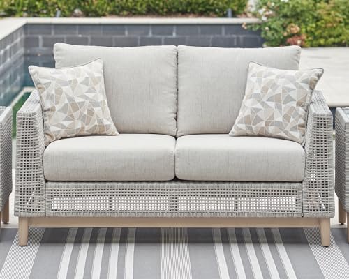 Signature Deisgn by Ashley Seton Creek Outdoor Loveseat with Cushion, 59" W x 37" D x 36" H, Light Brown & Light Gray