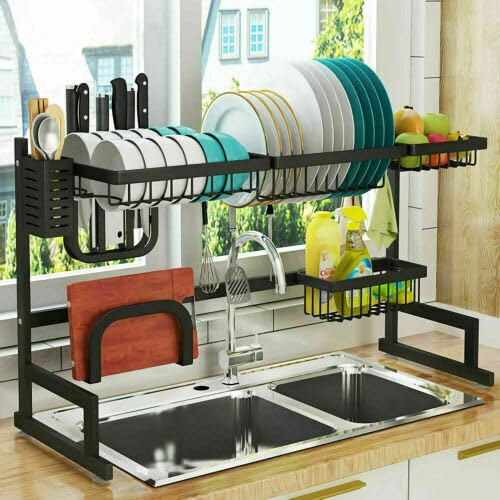 Generic VcJta Over Sink Dish Drying Rack 2 Tier Stainless Steel Cutlery Drainer Kitchen Shelf Organizer Space Saver, Black, E224284527486