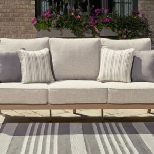 Signature Deisgn by Ashley Hallow Creek Outdoor Sofa with Cushion, 76" W x 36" D x 37" H, Light Brown & Beige