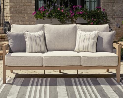 Signature Deisgn by Ashley Hallow Creek Outdoor Sofa with Cushion, 76" W x 36" D x 37" H, Light Brown & Beige