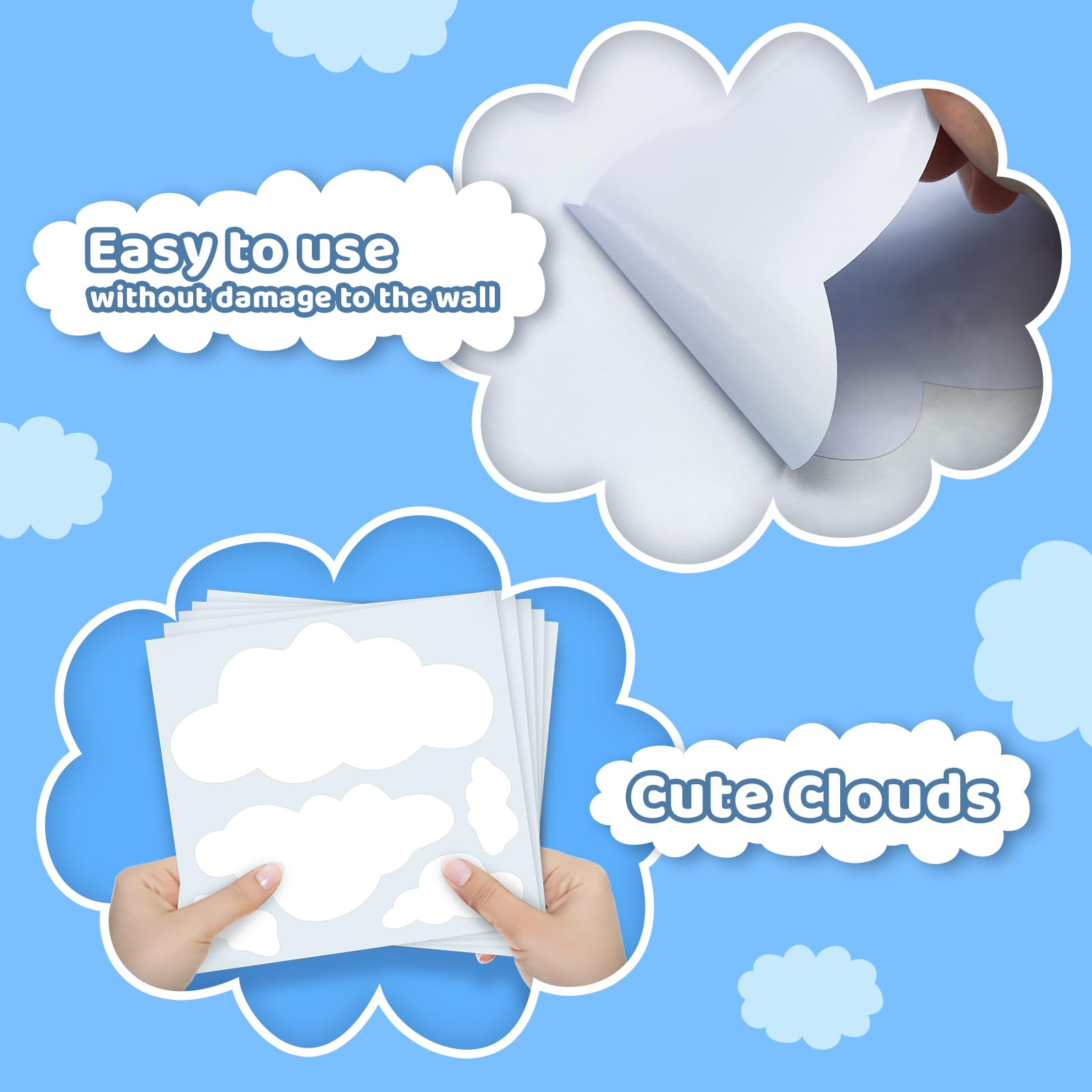 51pcs Big Clouds Wall Decals Removable Decals DIY Large Vinyl Wall Sticker Self Adhesive Wallpaper for Girls Bedroom Nursery Baby Boy Kids Room Wall Art Decorations, Peel and Stick