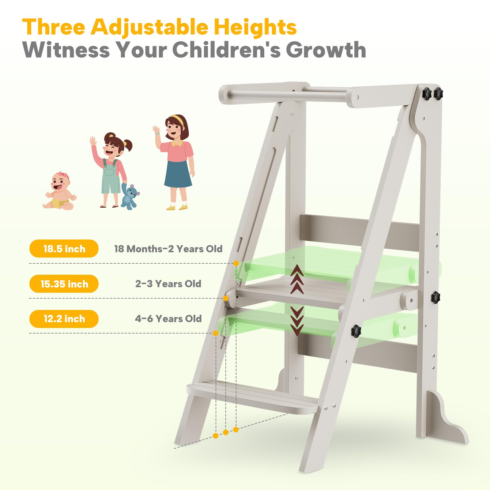 Toddler Tower Foldable, Kitchen Step Stool Helper with Safety Railing & 3 Adjustable Heights, Standing Tower with Double-Sided Drawing Board, Montessori Kitchen Tower for Toddlers/Kids Learning (Grey)