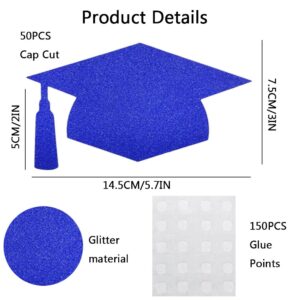 50Pcs Glitter Grad Caps Cutouts with 150Pcs Glue Points, Blue Graduation Cap Cut Table Decorations for 2024 High School College Graduation Party Supplies